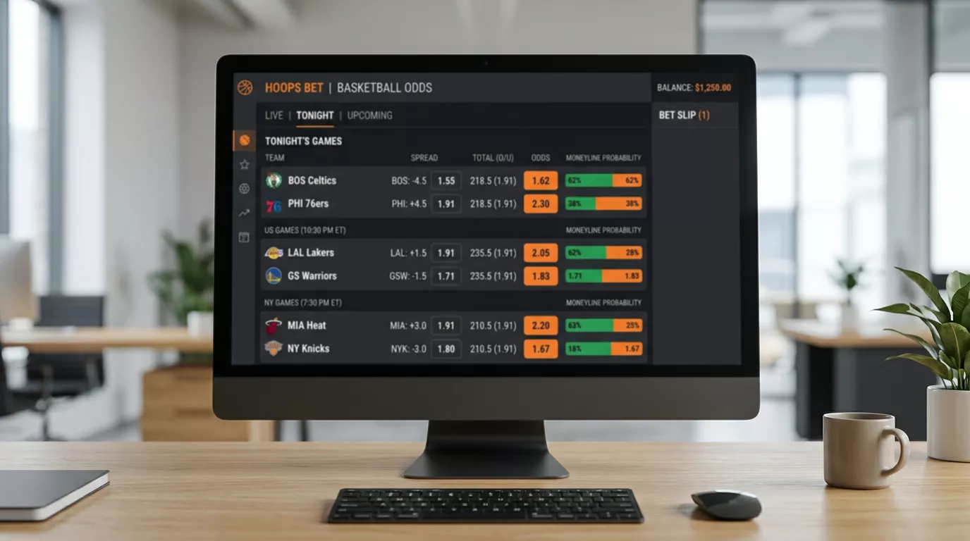 Sportsbook screen displaying basketball betting markets including moneyline spread and totals