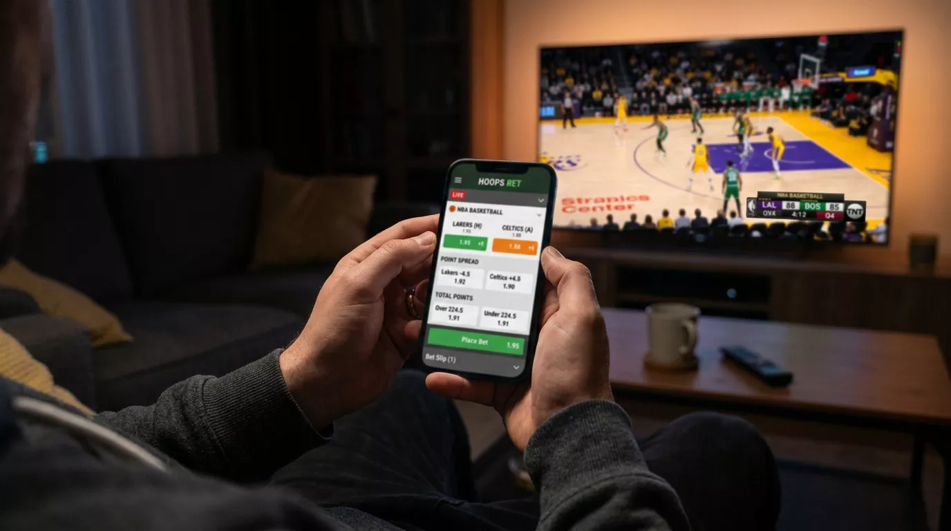 Person holding a smartphone showing live basketball betting odds while watching an NBA game on television