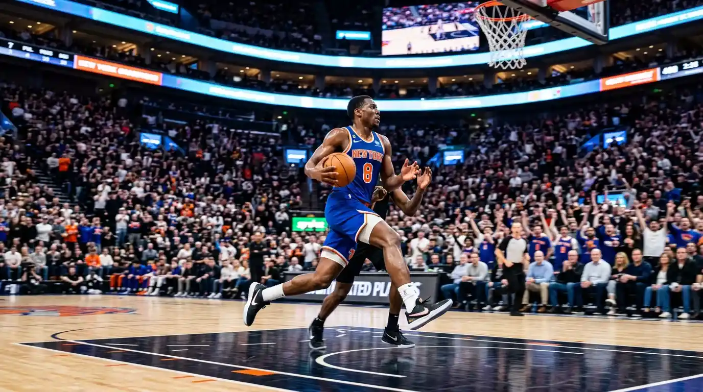 Basketball player driving to the basket during a fast break in a packed NBA arena