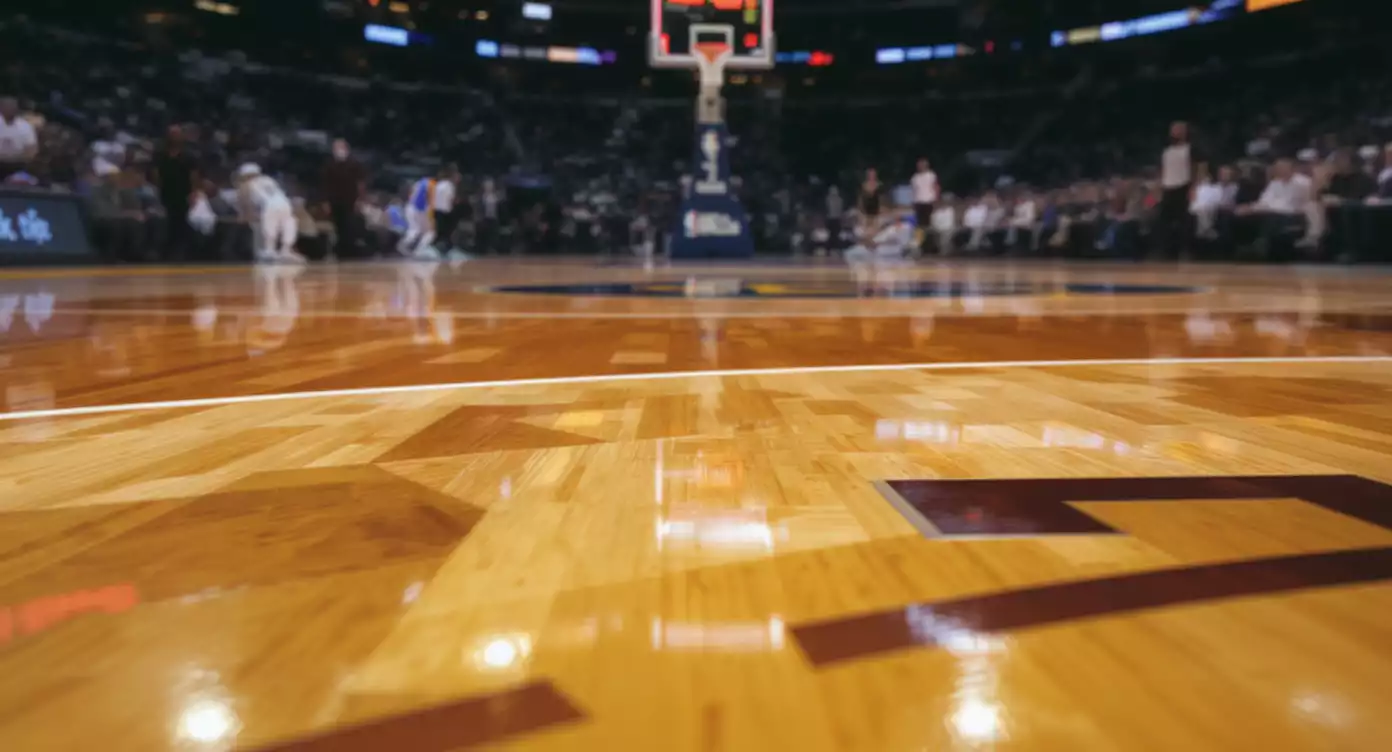 Close-up of an NBA basketball court with a scoreboard showing quarter scores during a live game