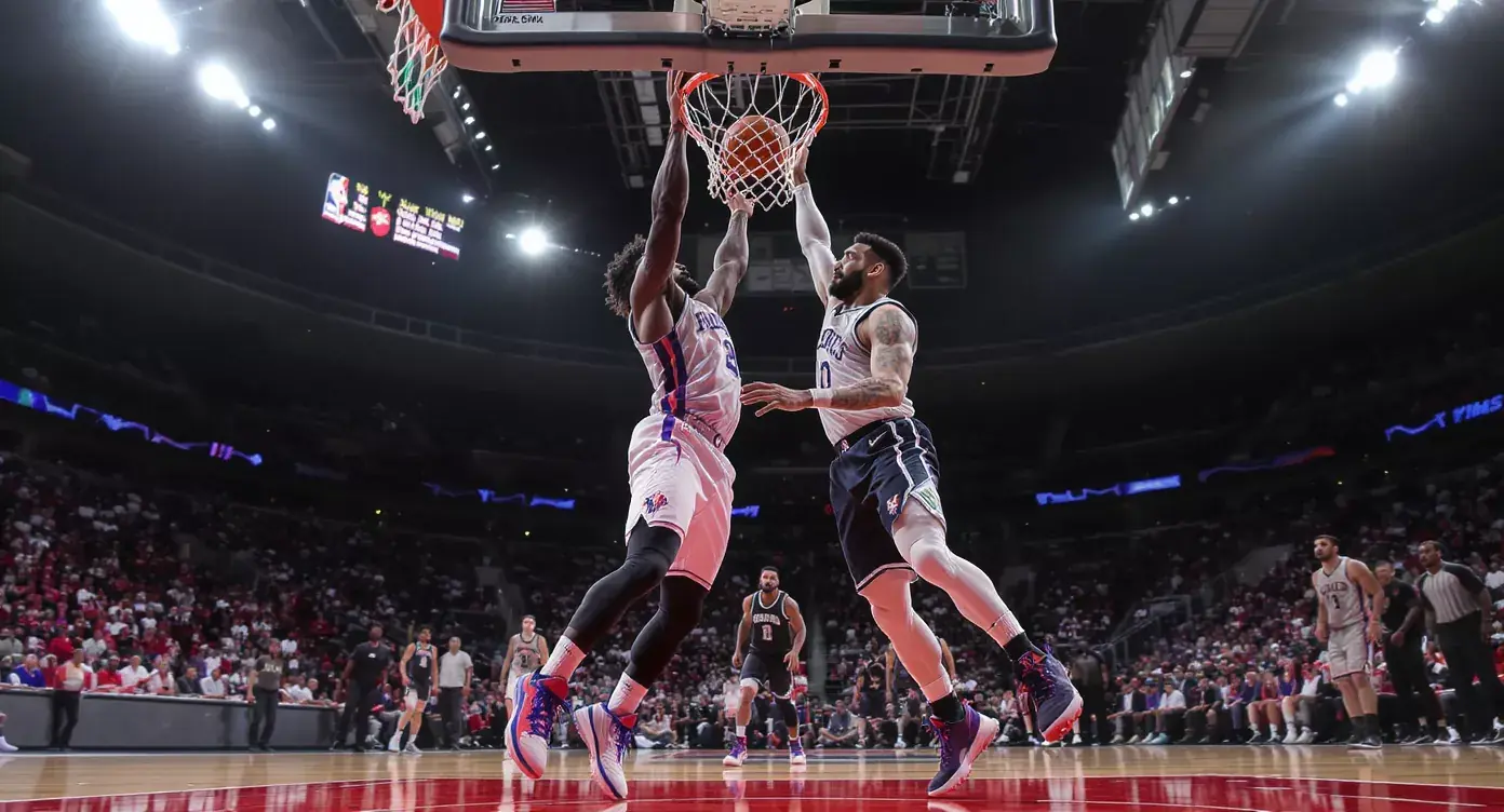 Two NBA players contesting a jump ball at centre court with arena lights flaring above