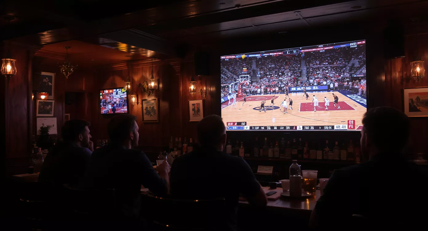 Pub in the United Kingdom showing a basketball game on large screens with patrons watching